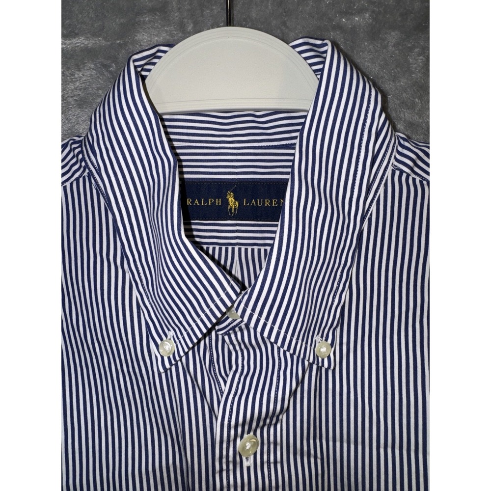 Polo Ralph Lauren Men's Sz M Blue Striped Oxford Custom Fit Button Down Red Pony